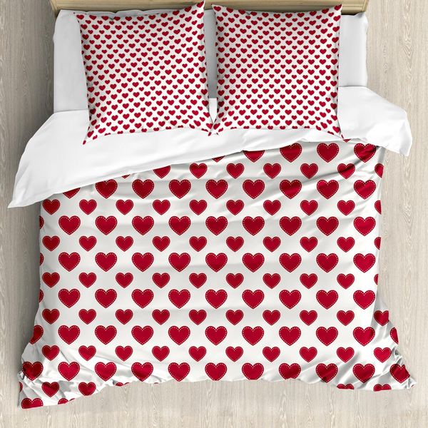 Set Copripiumino Abakuhaus Vintage Valentine, Design Romantico Monocromatico Con Cuori Classici Continui, 200 X 200 Cm + 80 X 80 Cm, Rosso Cinabro, Grigio, Bianco-image