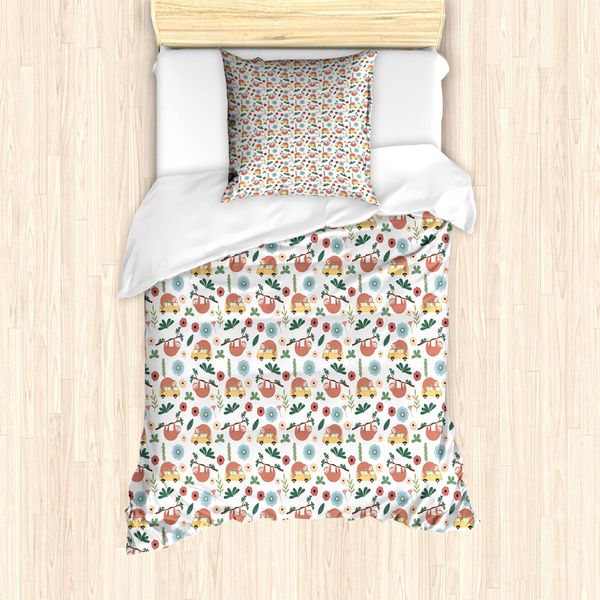 Abakuhaus Jungle Nursery Set Copripiumino Per Letti Singoli, Sloth Su Autobus Ast, Antiacaro, Adatto A Chi Soffre Di Allergie, Con Federa, 135 Cm X 200 Cm - 80 X 80 Cm, Bianco E Multicolore-image