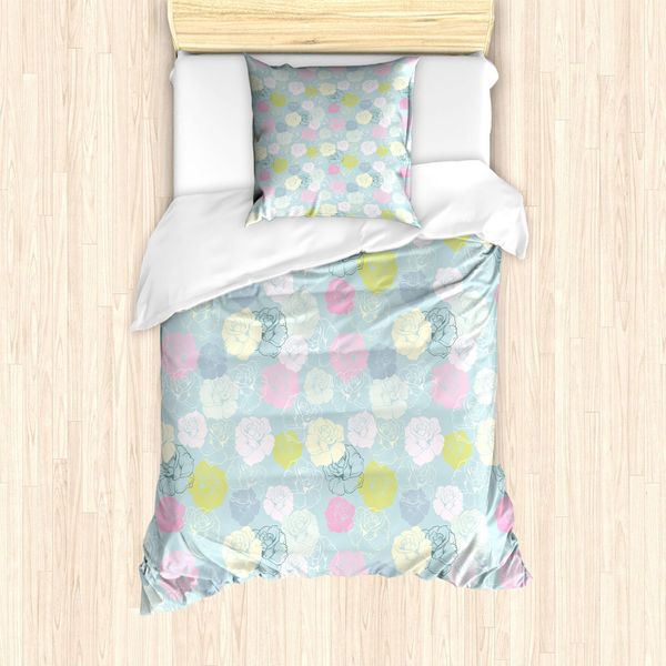Abakuhaus Set Copripiumino Per Letti Singoli, Fiori Rosa Pastello, Antiacaro, Adatto A Chi Soffre Di Allergie, Con Federa, 135 Cm X 200 Cm - 80 X 80 Cm, Azzurro E Multicolore-image
