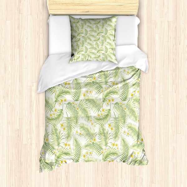 Abakuhaus Luau Set Copripiumino Per Letti Singoli, Foglie Di Palma Plumeria Botaniche, Antiacaro, Adatto A Chi Soffre Di Allergie, Con Federa, 135 Cm X 200 Cm - 80 X 80 Cm, Verde Oliva Chiaro Senape-image