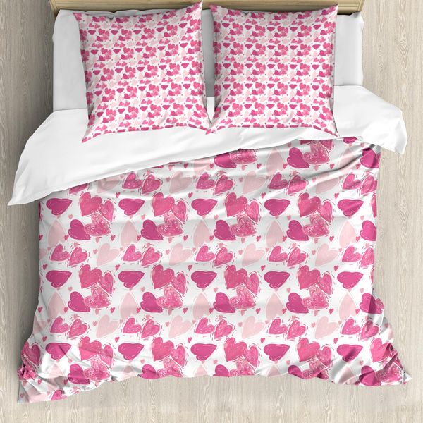 Abakuhaus Set Copripiumino Vintage Valentine Per Letti Singoli, Cuori Dipinti A Mano, Antiacaro, Adatto A Chi Soffre Di Allergie, Con Federa, 155 Cm X 220 Cm - 80 X 80 Cm, Rosa E Rosa-image