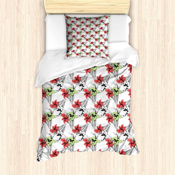 Abakuhaus Set Copripiumino Per Letto Singolo, Blooming Con Foglie Abbozzate, Antiacaro, Adatto A Chi Soffre Di Allergie, Con Federa, 135 Cm X 200 Cm - 80 X 80 Cm, Corallo Scuro Multicolore-image