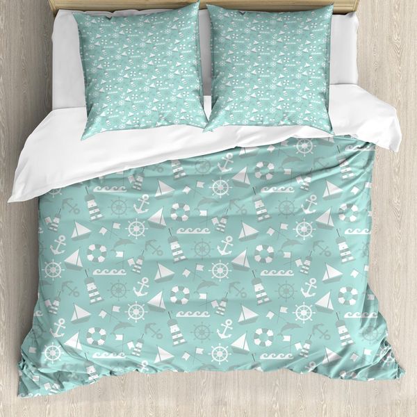 Set Copripiumino Abakuhaus In Stile Marittimo, Illustrazione Con Motivi Di Barche, Onde, Delfini E Fari, 155 X 220 Cm + 80 X 80 Cm, Verde Mandorla Mare-image