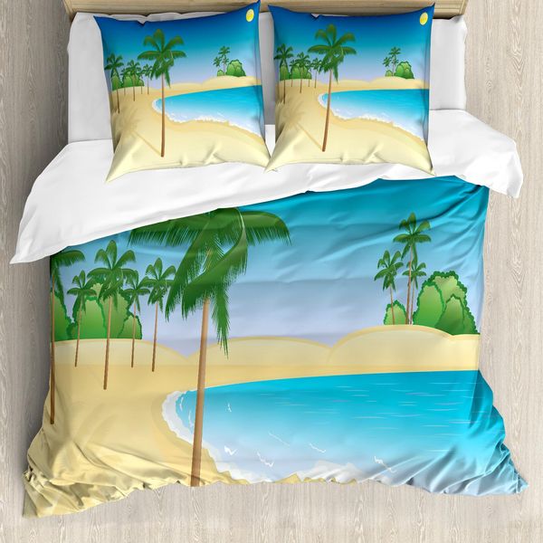 Abakuhaus Set Copripiumino Tropicale Per Letti Singoli, Palme E Mare, Antiacaro, Adatto A Chi Soffre Di Allergie, Con Federa, 155 Cm X 220 Cm - 80 X 80 Cm, Blu Mare Multicolore-image