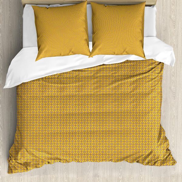 Set Copripiumino Abakuhaus In Stile Orientale, Colori Vivaci, Motivi Geometrici Orientali, Fantasia Retrò, 200 X 200 Cm + 80 X 80 Cm, Senape Viola-image