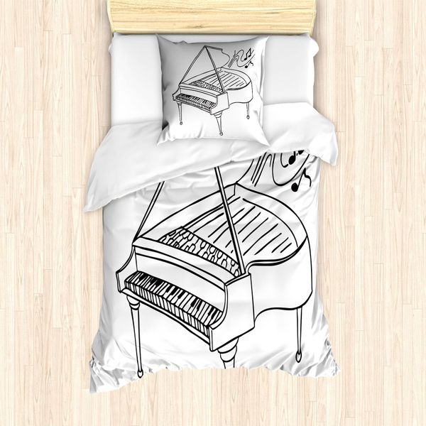 Set Copripiumino Abakuhaus Per Letti Singoli, Disegno Monocromatico Di Un Pianoforte, Antiacaro E Anallergico, Con Federa, 135 Cm X 200 Cm - 80 X 80 Cm, Grigio Antracite E Bianco-image