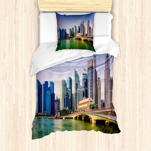 Abakuhaus Singapore Set Copripiumino Per Letti Singoli, Vista Panoramica Picturesque, Antiacaro, Adatto A Chi Soffre Di Allergie, Con Federa, 135 Cm X 200 Cm - 80 X 80 Cm, Multicolore-image