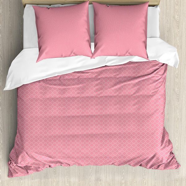 Set Copripiumino Abakuhaus In Stile Orientale, Motivo Tradizionale Semplice E Ripetitivo Con Stampe Arabe A Quadrifoglio, 200 X 200 Cm + 80 X 80 Cm, Rosa Pastello E Bianco-image