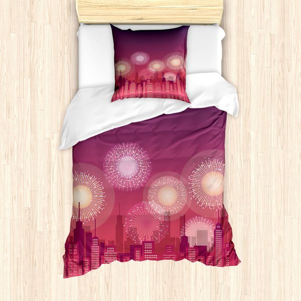 Abakuhaus Set Copripiumino Nottocean Per Letti Singoli, Paesaggio Urbano Fuochi D'artificio, Antiacaro, Adatto A Chi Soffre Di Allergie, Con Federa, 135 Cm X 200 Cm - 80 X 80 Cm, Melanzana Rose Essiccate-image
