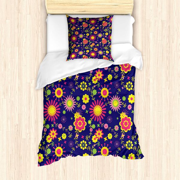 Abakuhaus Set Copripiumino Per Letti Singoli, Motivo Floreale Childish, Antiacaro E Anallergico, Con Federa, 135 Cm X 200 Cm - 80 X 80 Cm, Indaco Multicolore-image