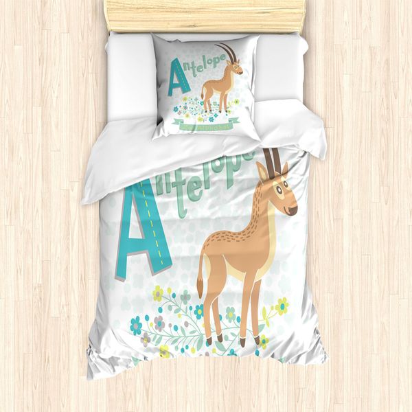Abakuhaus Set Copripiumino Per Letto Singolo Antilope, Zoo Alphabet Floral Animal, Antiacaro, Adatto A Chi Soffre Di Allergie, Con Federa, 135 Cm X 200 Cm - 80 X 80 Cm, Multicolore-image