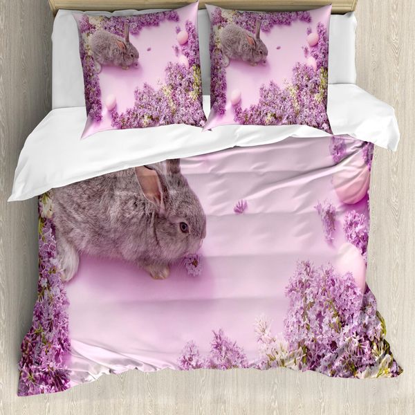 Abakuhaus Set Copripiumino Coniglietto Pasquale Per Letti Singoli, Coniglietto Lilac Blossom, Antiacaro, Adatto A Chi Soffre Di Allergie, Con Federa, 155 Cm X 220 Cm - 80 X 80 Cm, Viola Multicolore-image
