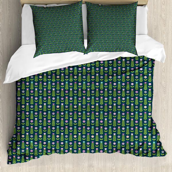 Abakuhaus Set Copripiumino Per Letti Singoli, Fiori Geometrici Grafici, Antiacaro, Adatto A Chi Soffre Di Allergie, Con Federa, 155 Cm X 220 Cm - 80 X 80 Cm, Verde Lontano Verde Acqua Scuro-image