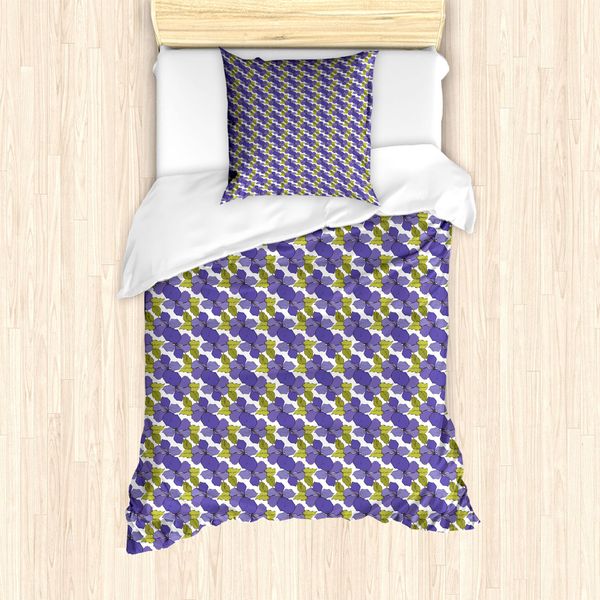 Abakuhaus Set Copripiumino Per Letto Singolo, Motivo Botanico Con Ibisco E Foglie, Antiacaro E Anallergico, Con Federa, 135 Cm X 200 Cm - 80 X 80 Cm, Viola, Bianco, Verde Oliva-image