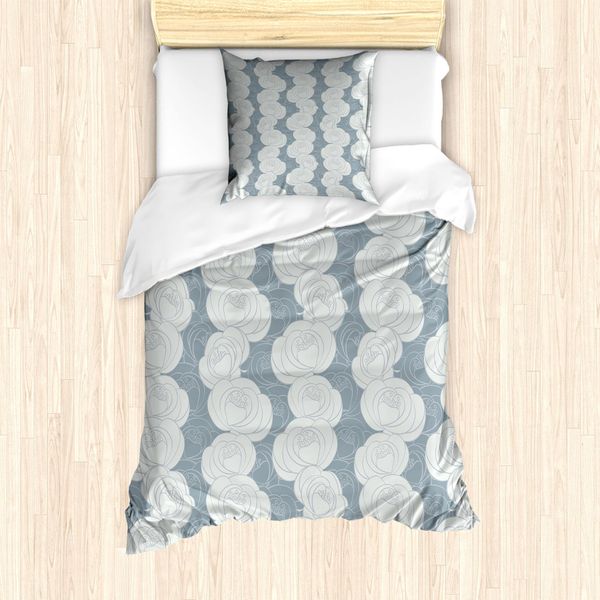 Abakuhaus Set Copripiumino Per Letti Singoli, Hazy Tone Rose Silhouettes, Antiacaro, Adatto A Chi Soffre Di Allergie, Con Federa, 135 Cm X 200 Cm - 80 X 80 Cm, Blu, Grigio, Grigio-image