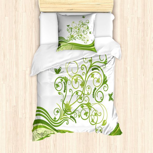 Abakuhaus Set Copripiumino Per Letti Singoli, Foglie Colorate, Antiacaro, Adatto A Chi Soffre Di Allergie, Con Federa, 135 Cm X 200 Cm - 80 X 80 Cm, Verde Lime Mela Verde-image