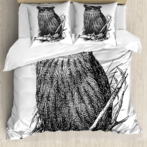 Abakuhaus Set Copripiumino Con Stampa Gufo Per Letti Singoli, Vintage Wise Nachtvogel, Antiacaro, Adatto A Chi Soffre Di Allergie, Con Federa, 200 Cm X 200 Cm - 80 X 80 Cm, Grigio Antracite Bianco-image