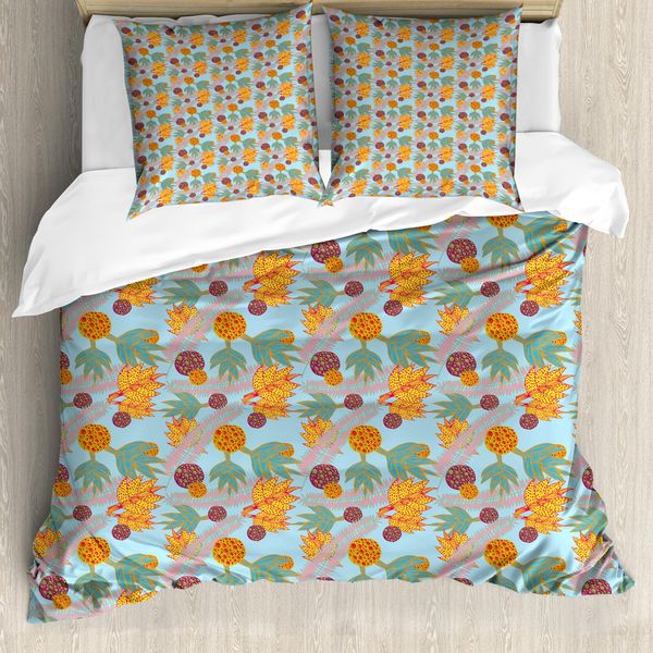 Abakuhaus Set Copripiumino Botanico Per Letti Singoli, Motivi Floreali Tropicali Astratti, Antiacaro, Adatto A Chi Soffre Di Allergie, Con Federa, 200 Cm X 200 Cm - 80 X 80 Cm, Blu Pallido Multicolore-image