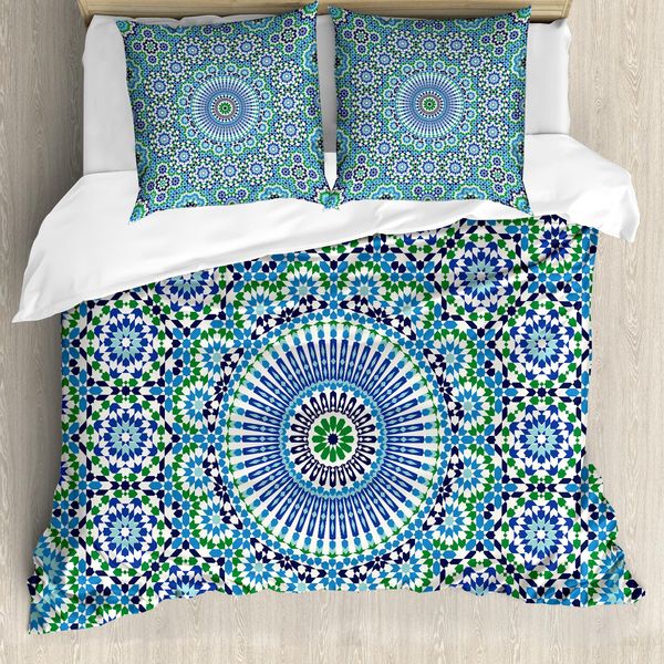 Abakuhaus Set Copripiumino Orient Per Letti Singoli, Motivo Floreale Orientale Elaborato, Antiacaro, Adatto A Chi Soffre Di Allergie, Con Federa, 155 Cm X 220 Cm - 80 X 80 Cm, Blu Cielo Verde Bianco-image
