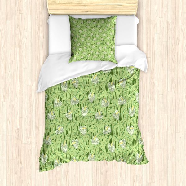 Abakuhaus Set Copripiumino Botanico Per Letti Singoli, Fiori Di Anthurium Teneri, Antiacaro, Adatto A Chi Soffre Di Allergie, Con Federa, 135 Cm X 200 Cm - 80 X 80 Cm, Verde Pallido-image