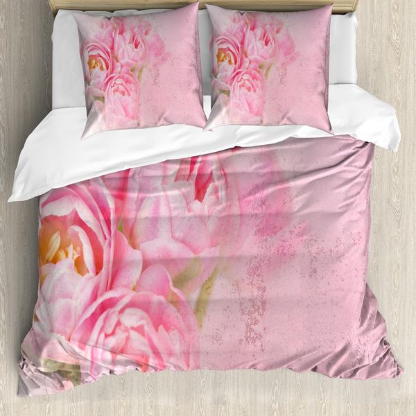 Set Copripiumino Abakuhaus Vintage Rose, Illustrazione Floreale Nostalgica Grungy Tilted, 200 X 200 Cm + 80 X 80 Cm, Pesca Rosa Pallido-image