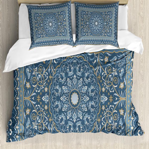 Abakuhaus Set Copripiumino Antico Orientale, Intricato Motivo Floreale Orientale Su Tappeto Persiano, 200 X 200 Cm + 80 X 80 Cm, Grigio Verde Acqua Blu Grigio-image