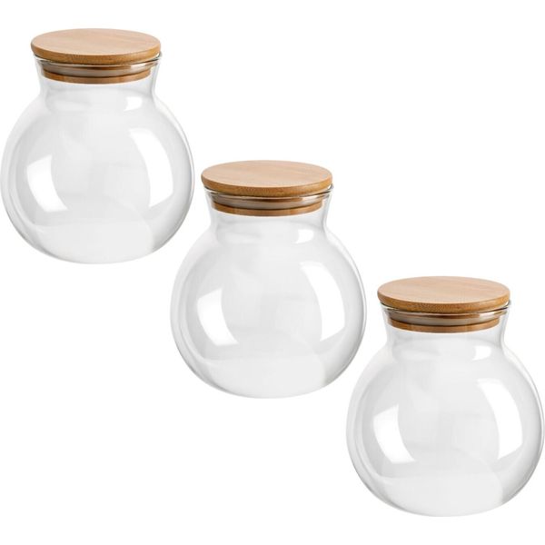 Set Di 3 Barattoli Da 1000 Ml "Ball"" Con Coperchio In Legno - Barattoli Sferici In Vetro Borosilicato - Barattoli Di Stoccaggio"-image