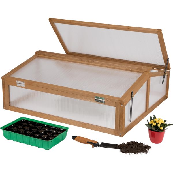 Needs&Wants Kit Telaio Freddo Piccolo In Legno, Box Telaio Freddo Con Copertura Serra Con Coperchio Resistente Alle Intemperie Per Giardino Balcone Esterno, 90X82X32 Cm, Policarbonato, Marrone Scuro-image