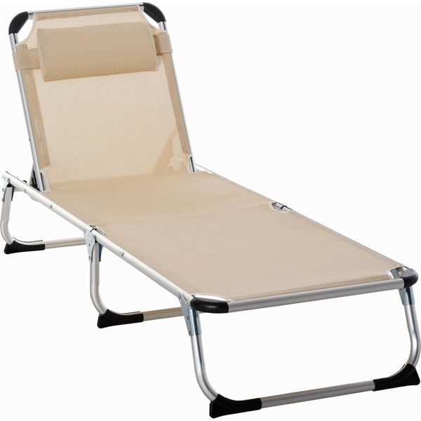 Outsunny Lettino Prendisole Pieghevole Da Giardino Con Cuscino Per La Testa Lettino Relax Ergonomico Con Schienale Regolabile In 4 Posizioni Alluminio Fino A 120 Kg Caricabile Per Giardino, Terrazza, Piscina, Spiaggia, Beige-image