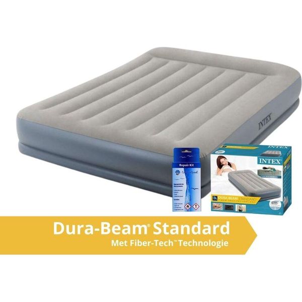 Intex Pillow Rest Mid-Rise - Materasso Ad Aria - Doppio - Con Kit Di Riparazione E Pompa Incorporata - 203X152X30 Cm - Pvc - Grigio-image