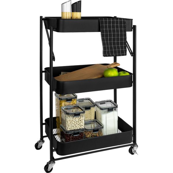 Quvio Carrello Da Cucina Pieghevole - Carrello Da Cucina Su Ruote - Mobiletto Su Ruote - Scaffale Portaoggetti - Armadietto Da Forno - Ripiani Arrotolabili - Carrello Portavivande - Carrello Da Bagno - 3 Strati - Metallo - 30 X 45 X 77 Cm (Lxlxh) - Nero-image