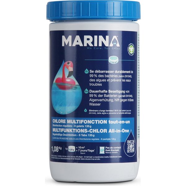 Marina Chlorine Multitabs 135G - Per Piscine Da 10M³ - Compresse Per Piscine - Compresse Di Cloro ( 1 X 1,08Kg ) Multifunzione 5 In 1-image