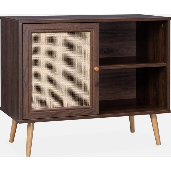 Credenza In Cannage, 1 Anta, 80Cm, Marrone Scuro Naturale-image