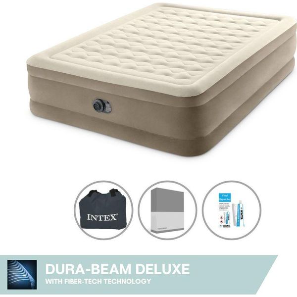 Letto Gonfiabile Intex - 2 Persone - 152 X 203 X 46 Cm - Beige - Con Pompa Incorporata + Lenzuola Antracite + Set Di Riparazione-image