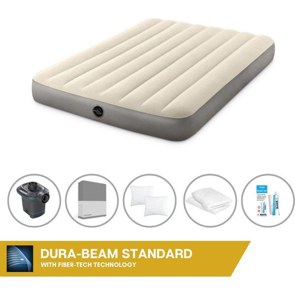 Letto Gonfiabile Intex - 2 Persone - 137 X 191 X 25 Cm - Beige + Pompa Elettrica Intex - 650 Litri/Min + Lenzuola Antracite + Cuscino + Federe Molton 2 In 1 + Set Di Riparazione-image