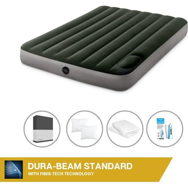 Letto Ad Aria Intex - 2 Persone - 137 X 191 X 25 Cm - Verde - Con Pompa A Pedale Incorporata + Lenzuolo Nero + Cuscino + Federe Molton 2 In 1 + Set Di Riparazione-image