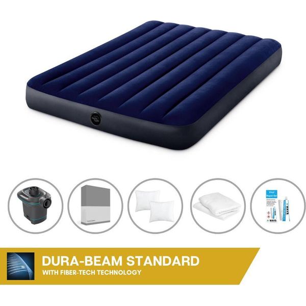 Letto Gonfiabile Intex - 2 Persone - 137 X 191 X 25 Cm - Blu + Pompa Elettrica Intex - 650 Litri/Min + Lenzuola Antracite + Cuscino + Federe Molton 2 In 1 + Set Di Riparazione-image
