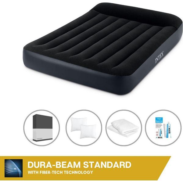 Intex Airbed - 2 Persone - 137 X 191 X 25 Cm - Blu - Con Pompa Incorporata, Lenzuolo Nero, Cuscino, Federe Molton 2 In 1 E Set Di Riparazione-image