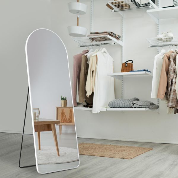 Emke Specchio A Stelo 140X40Cm A Figura Intera, Bianco, Cornice In Alluminio Specchio Specchio Curvo Con Pellicola Trasparente Antideflagrante-image