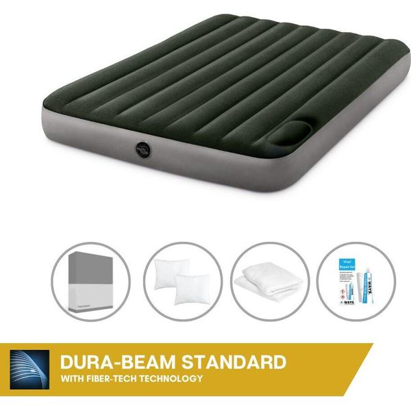 Letto Ad Aria Intex - 2 Persone - 152 X 203 X 25 Cm - Verde - Con Pompa A Pedale Incorporata + Lenzuola Antracite + Cuscino + Federe Molton 2 In 1 + Set Di Riparazione-image