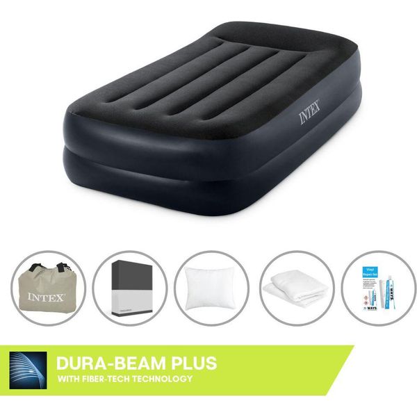 Intex Airbed - 1 Persona - 99 X 191 X 46 Cm - Blu - Con Pompa, Lenzuolo Nero, Cuscino, Federe Molton 2 In 1 E Set Di Riparazione-image
