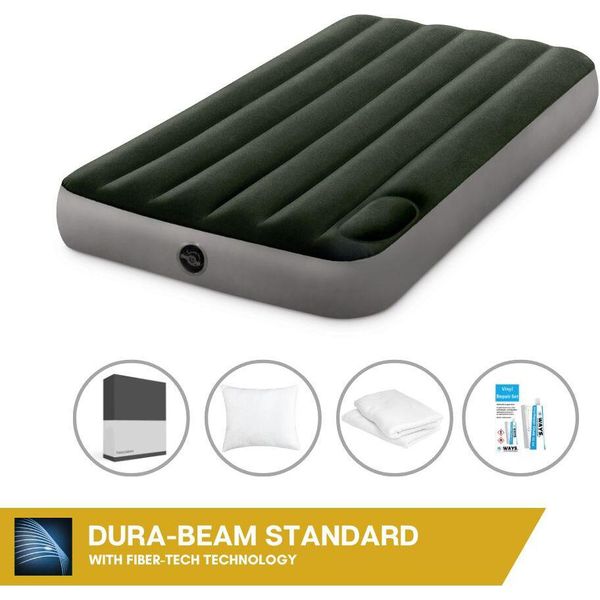Letto Ad Aria Intex - 1 Persona - 99 X 191 X 25 Cm - Verde - Con Pompa A Pedale Incorporata + Lenzuolo Nero + Cuscino + Federe Molton 2 In 1 + Set Di Riparazione-image