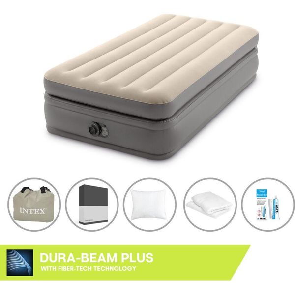 Intex Airbed - 1 Persona - 99 X 191 X 51 Cm - Grigio - Con Pompa Incorporata, Lenzuolo Nero, Cuscino, Federe Molton 2 In 1 E Set Di Riparazione-image