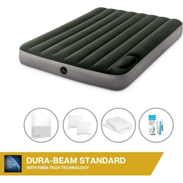 Letto Ad Aria Intex - 2 Persone - 137 X 191 X 25 Cm - Verde - Con Pompa A Pedale Incorporata + Lenzuola Bianche + Cuscino + Federe Molton 2 In 1 + Set Di Riparazione-image