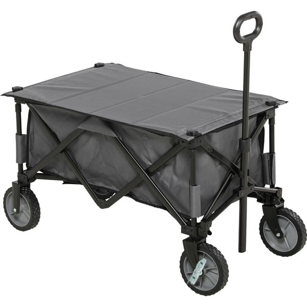 Outsunny Carrello A Mano Carrello Da Trasporto Pieghevole, Carrello A Mano Con Maniglia Regolabile, Carrello Da Giardino Con Tasche Laterali, Carrello Da Spiaggia Con Tavola Pieghevole, Caricabile Fino A 120 Kg, Grigio Scuro-image