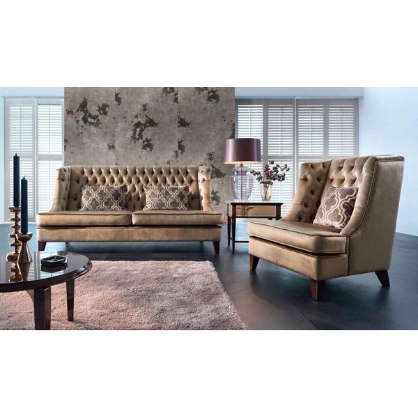Set Di Divani Set Di Divani A 3 Posti Poltrona Chesterfield Moderna In Tessuto Marrone 3 Pezzi-image