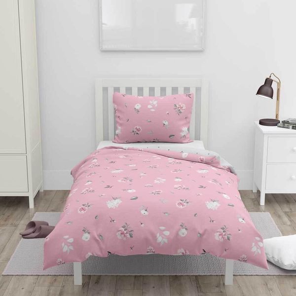 Home Elements Biancheria Da Letto 140X200 + 70X90 Cm, Due Disegni, Fiore Rosa + Punto Grigio-image