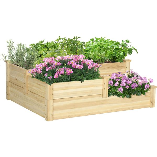 Aiuola Rialzata Outsunny, Aiuola A 3 Livelli, Fioriera, Aiuola Per Erbe Aromatiche, Gradini Per Piante, Gradini Per Fiori Per Balcone, Giardino, Legno Di Abete, Naturale, 108 X 88 X 36 Cm-image