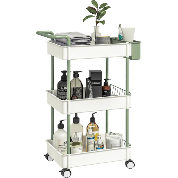 Carrello Homcom, Carrello Di Servizio Con 3 Ripiani, Cestino Appeso, Carrello Portaoggetti Con Maniglia, Carrello Da Cucina, Carrello Laterale Per Cucina, Soggiorno, Ufficio, Acciaio, Bianco-image