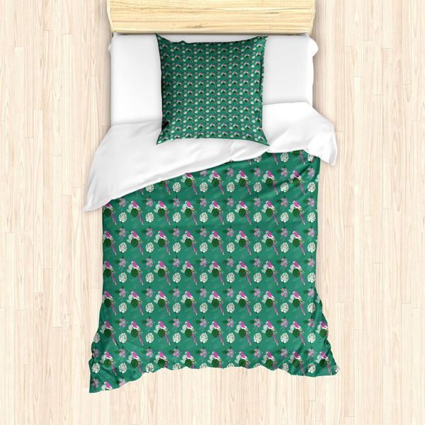 Abakuhaus Set Copripiumino Esotico Per Letti Singoli, Parrot E Monstera Leaves, Antiacaro, Adatto A Chi Soffre Di Allergie, Con Federa, 135 Cm X 200 Cm - 80 X 80 Cm, Verde Giada Fucsia-image